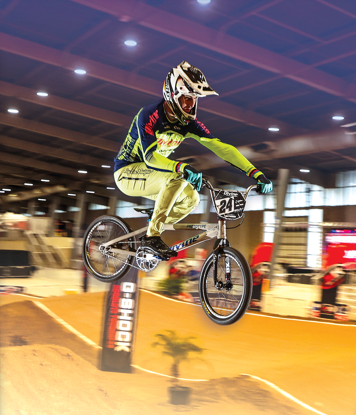Corben Sharrah racing in the vet pro class at the 2025 Grands on a Divine 20 inch BMX race bike, jumping a double