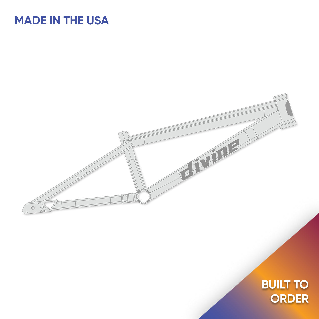 Right side view of the Ascend 1.0 BMX race bike frame, raw finish, with Divine branding logo on the bottom of the top tube. 