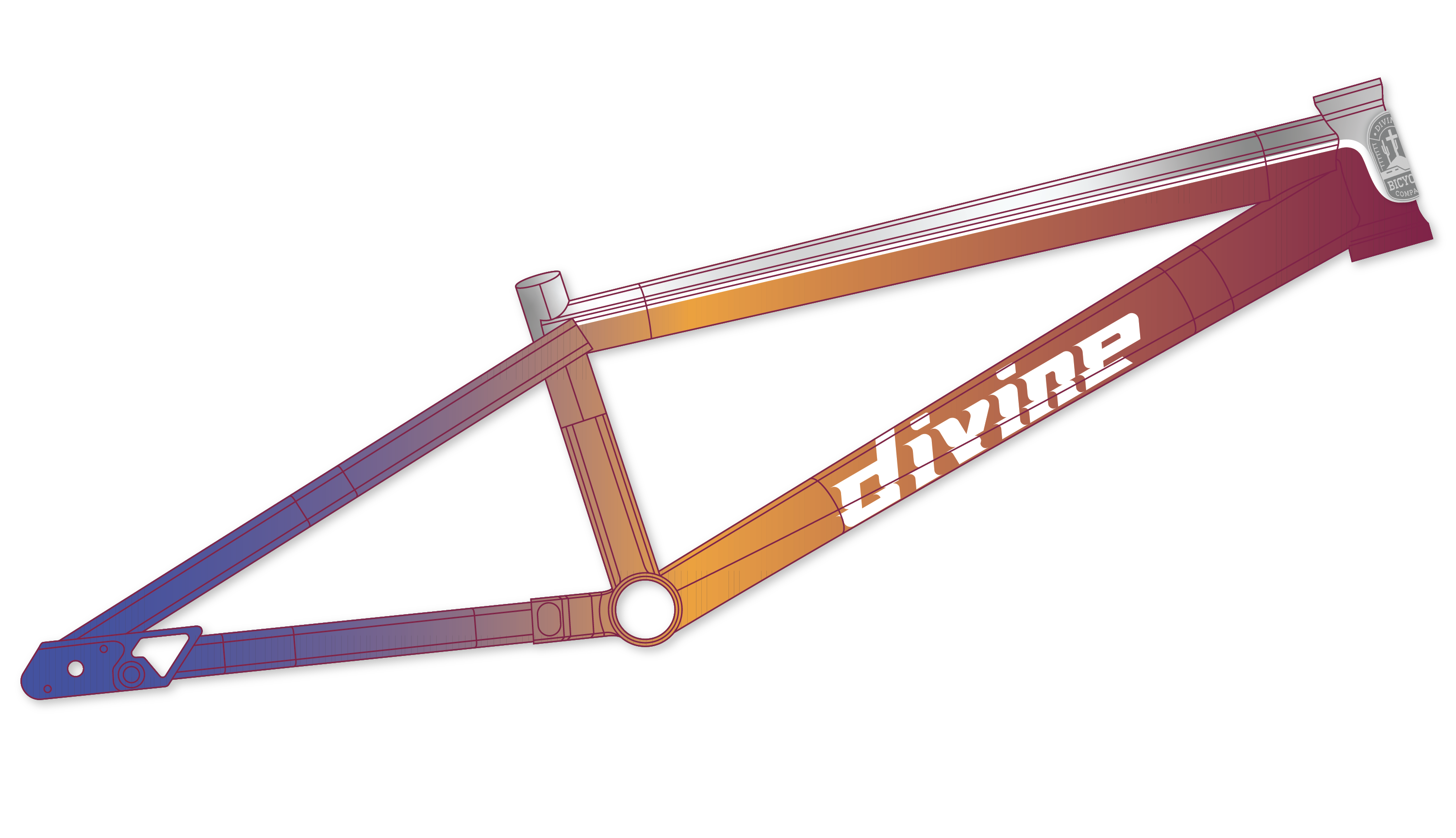 Right side view of the Ascend 1.0 BMX race bike frame with a custom paint job and Divine branding logo on the bottom of the top tube.