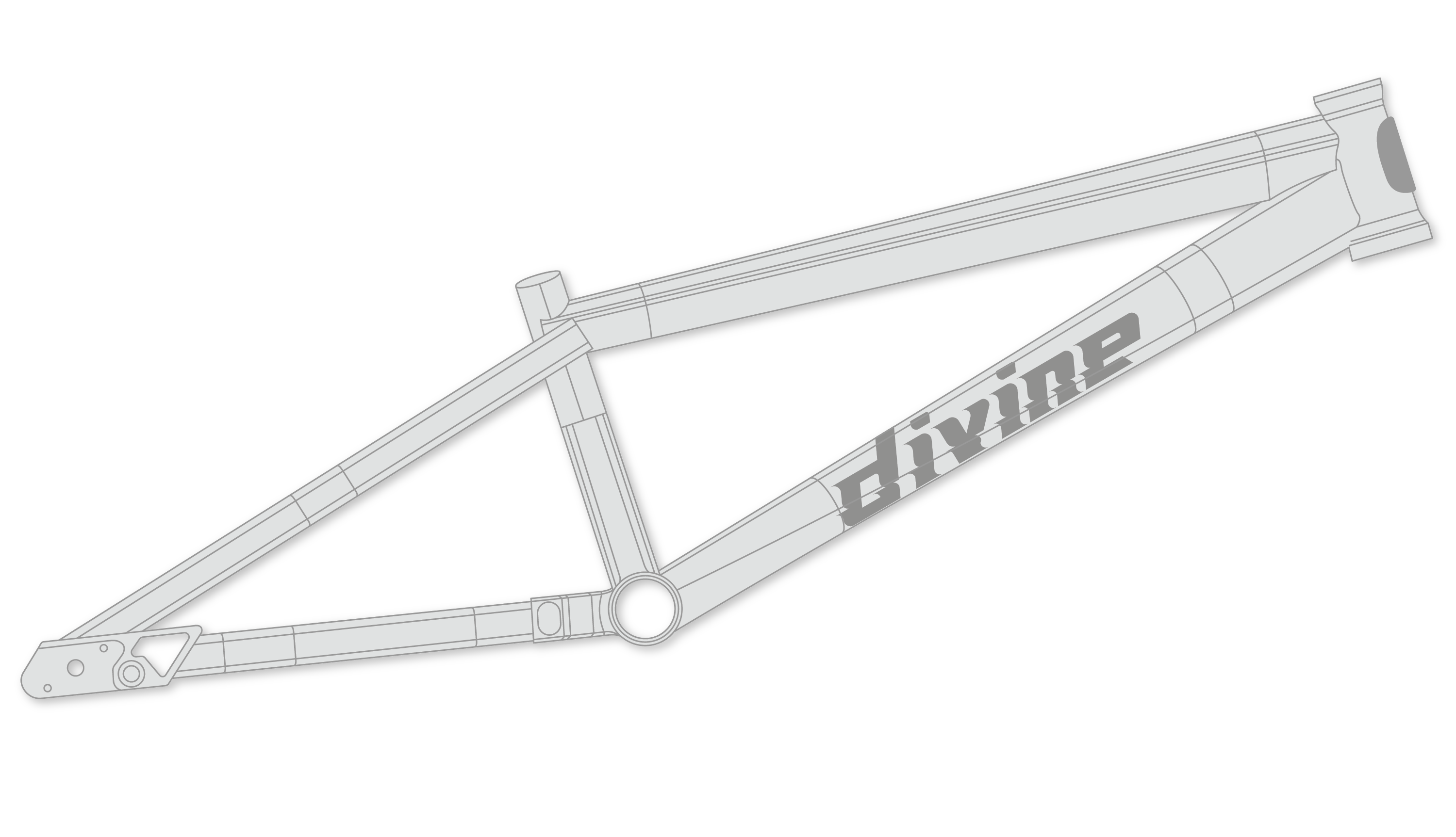Right side view of the Ascend 1.0 BMX race bike frame, raw finish, with Divine branding logo on the bottom of the top tube.